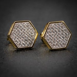 Two Tone Gold Plated Octagon Shaped Mens Sterling Silver Cz Hip Hop Earrings
